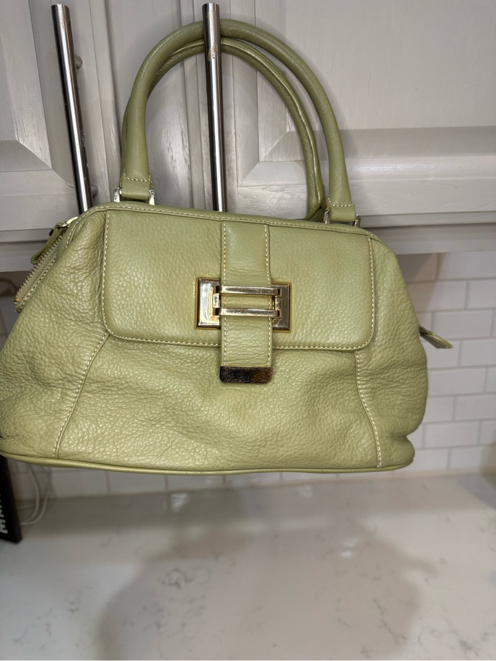 Liz Claiborne Vintage Sage Green Pebbled Leather Satchel Bag Gold Hardware